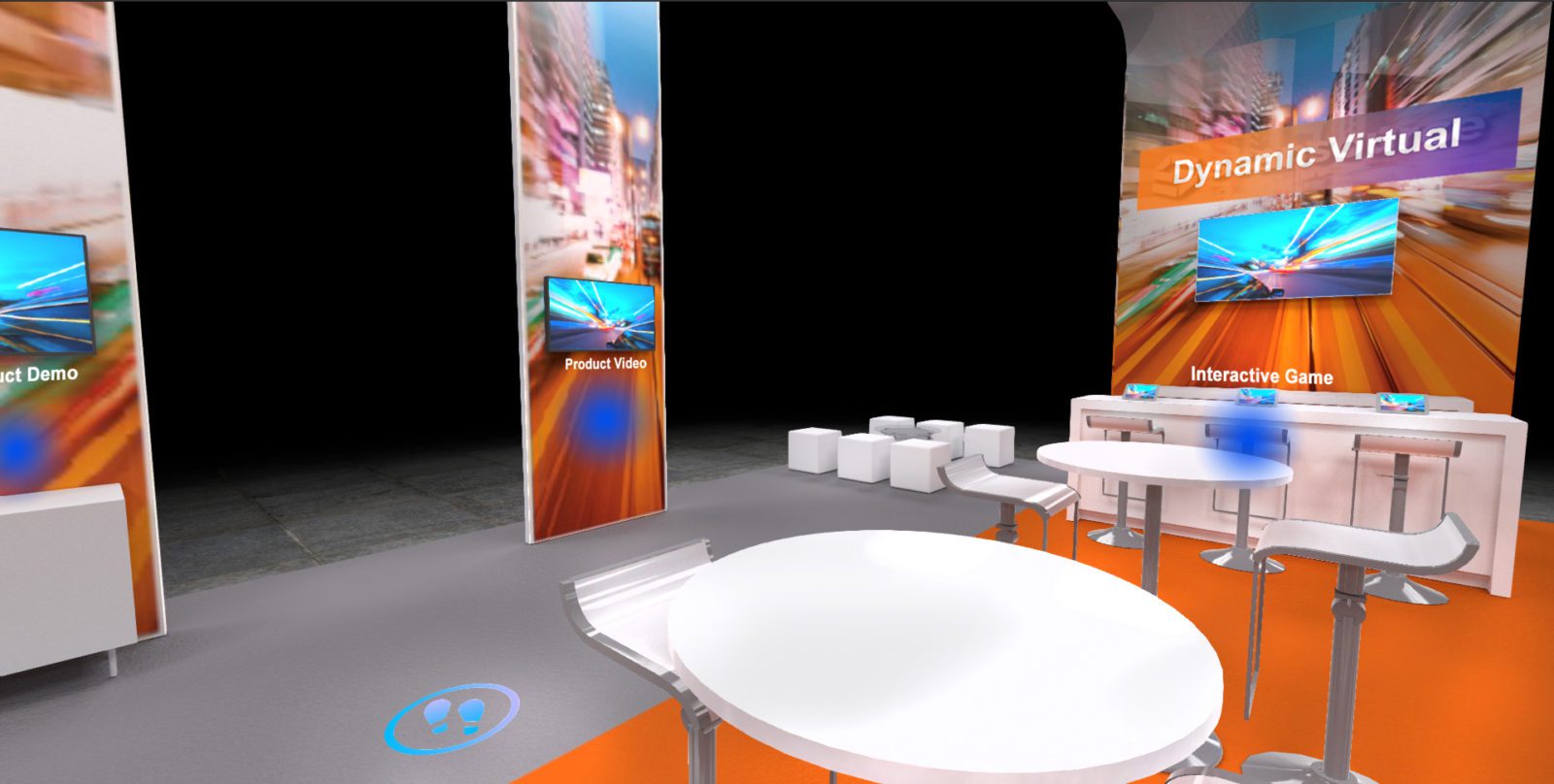 Dynamic format of virtual trade show exhibit showing informational hotspots