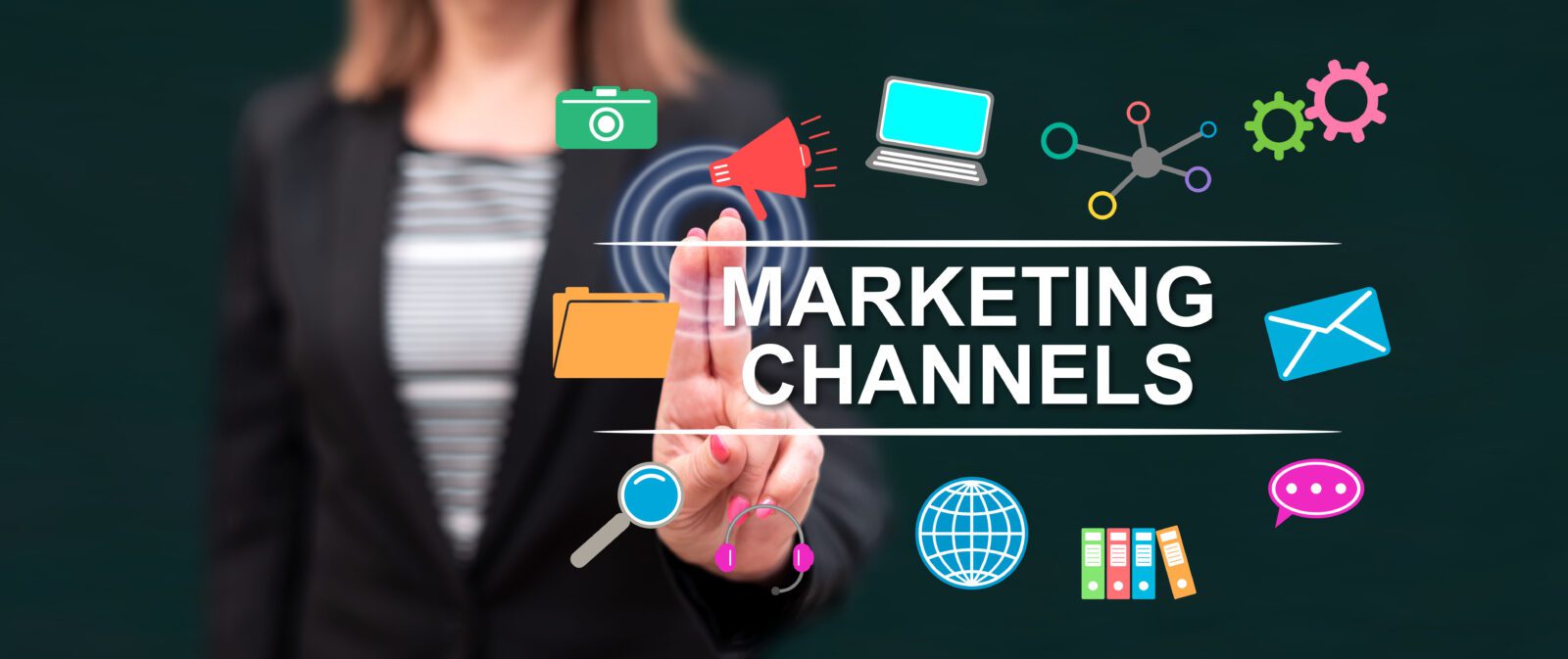 Woman touching a marketing channels concept