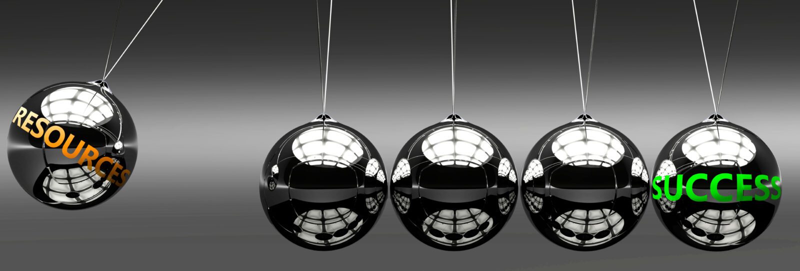 Resources and success - the idea that Resources helps to achieve success and happiness in business, work and life symbolized by English word Resources and a newton cradle, 3d illustration