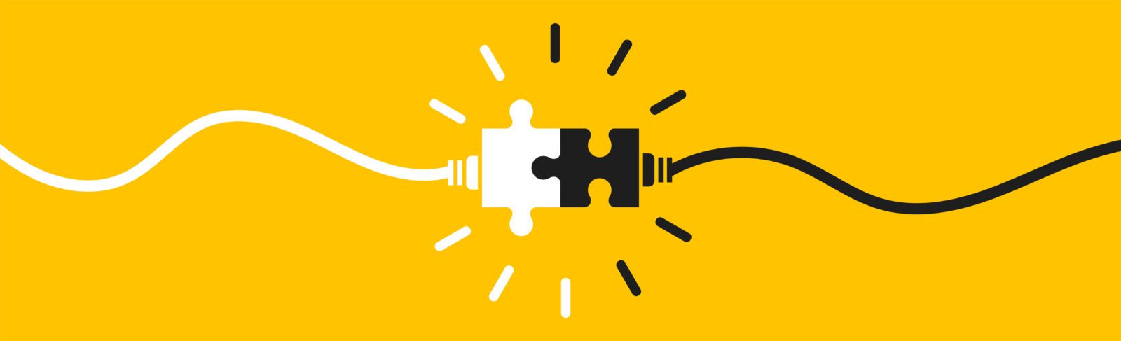Connecting puzzle pieces on yellow background. Idea, solution, business, strategy concept. Vector illustration isolated. Trade Show Marketing