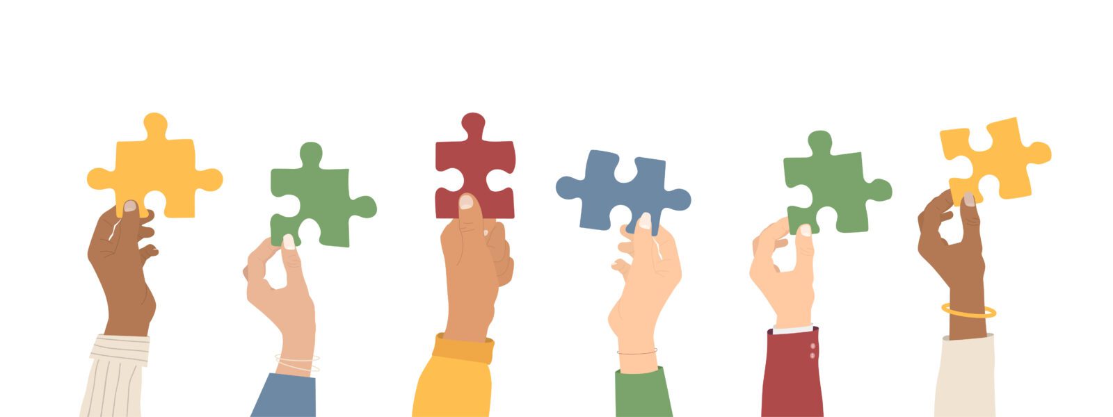 Teamwork. Multi-ethnic group holding puzzles. The concept of cooperation and partnership. Flat style. Vector illustration Event Marketing