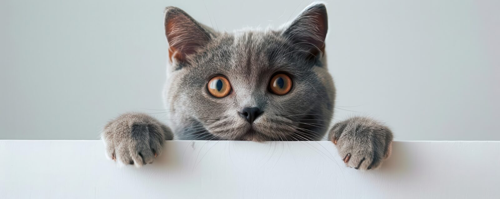Curious gray cat peeking over a white surface.