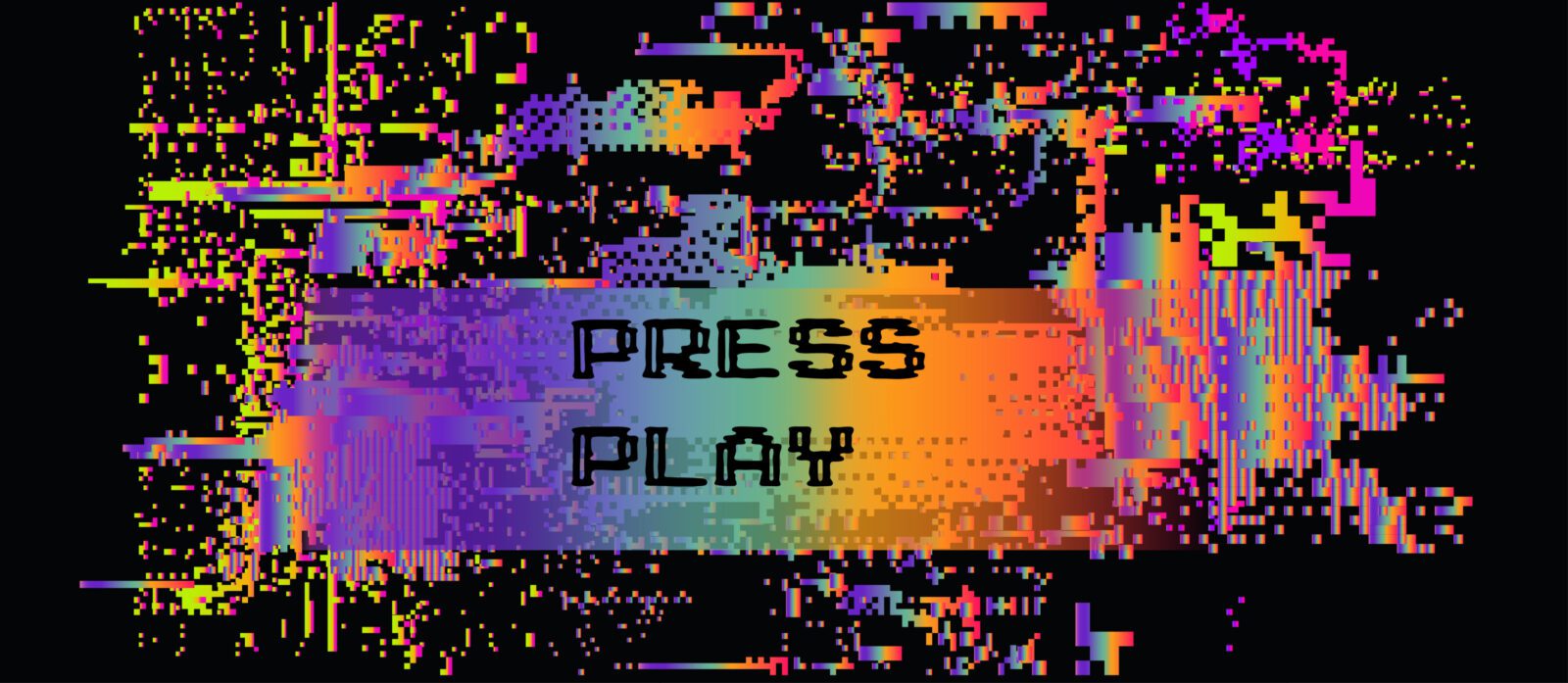 Digital vector illustration with a glitch effect features vibrant horizontal streaks of pink, yellow, and blue on a dark background. Pixelated distortions create a futuristic, abstract aesthetic.