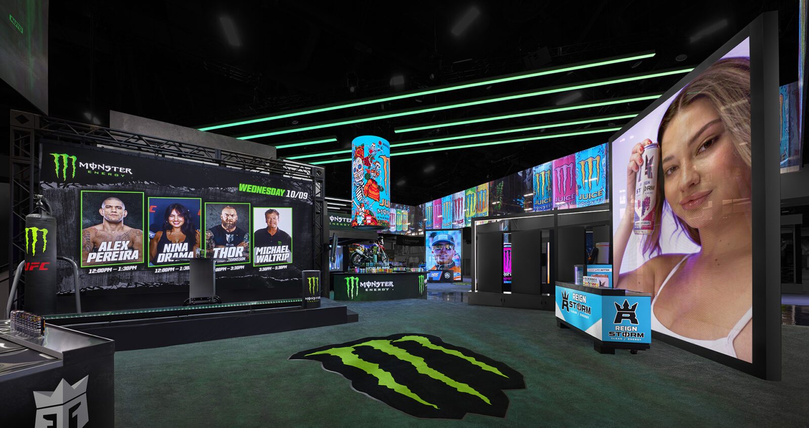 Esports event venue with large LED screens displaying athletes, digital graphics, and a prominent green Monster Energy logo on the floor.