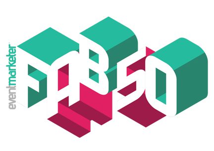 Logo featuring the words "eventmarketer FAB 50" in bold 3D geometric lettering with green and magenta accents.