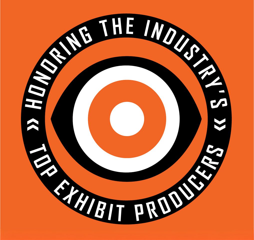 Black and white circular emblem with concentric rings and text reading "Honoring the Industry's Top Exhibit Producers" on an orange background.