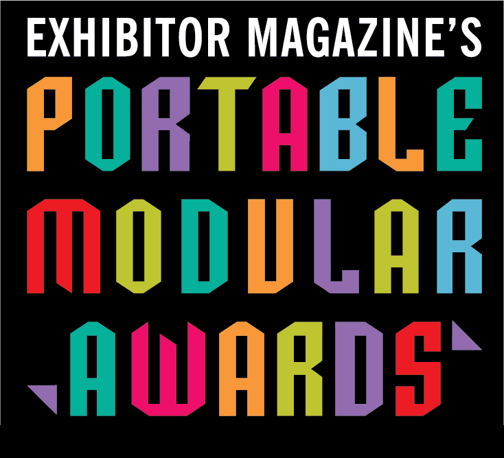 Logo with the text "Exhibitor Magazine's Portable Modular Awards" in bold, colorful, geometric lettering on a black background.