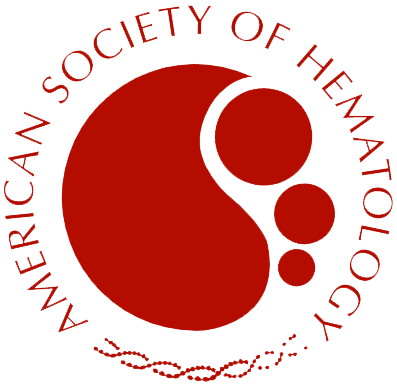 Logo of the American Society of Hematology featuring red blood cell shapes and a stylized DNA strand, with the organization name in a circular arrangement.